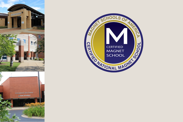  Magnet Academy logo and three high school exteriors 